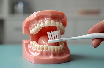 Fingers holding a white toothbrush up to a model set of dentures sitting on a counter